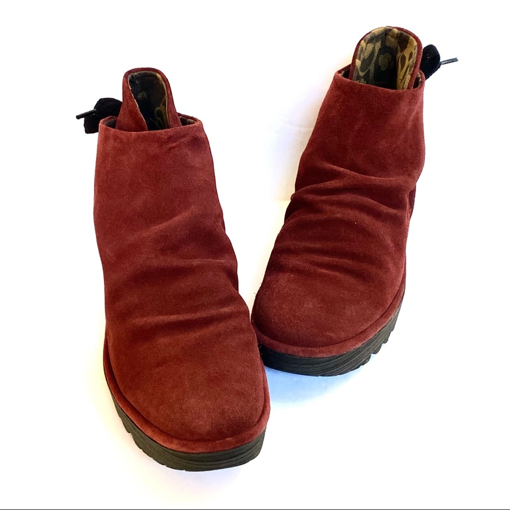 Fly London booties boots shoes suede leather Yama wedge